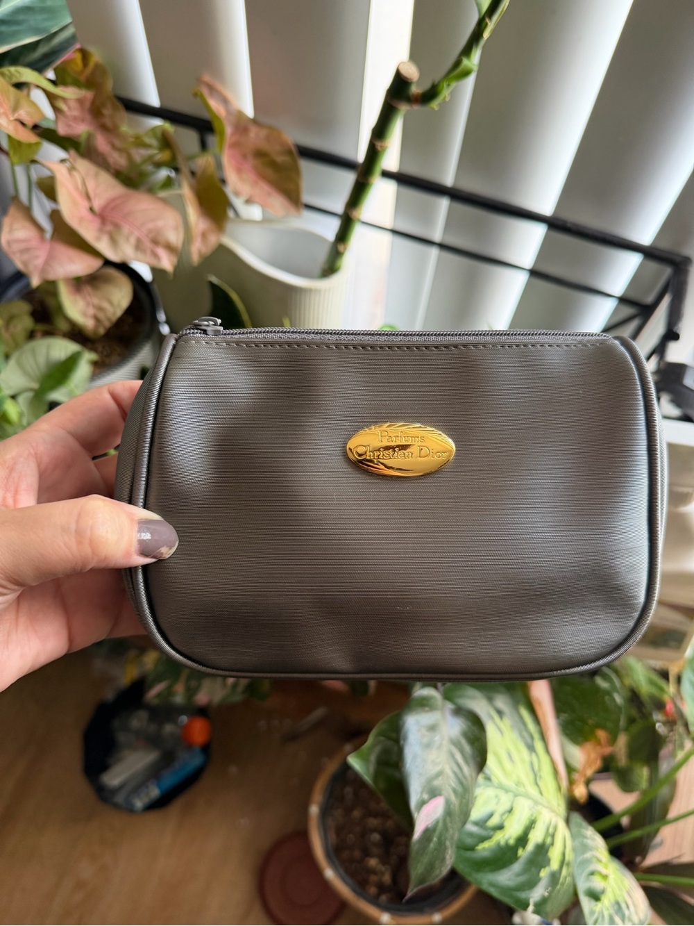 Dior Silver Gray Lined Pouch with Gold Label